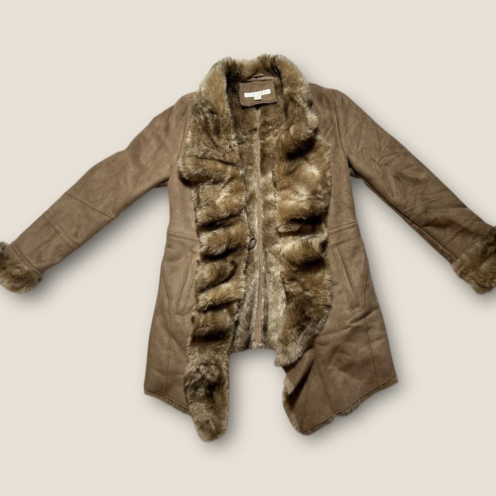 Boston Proper Faux Suede Faux Fur Coat Women’s M Tan Waterfall Jacket Stylish - Picture 4 of 5